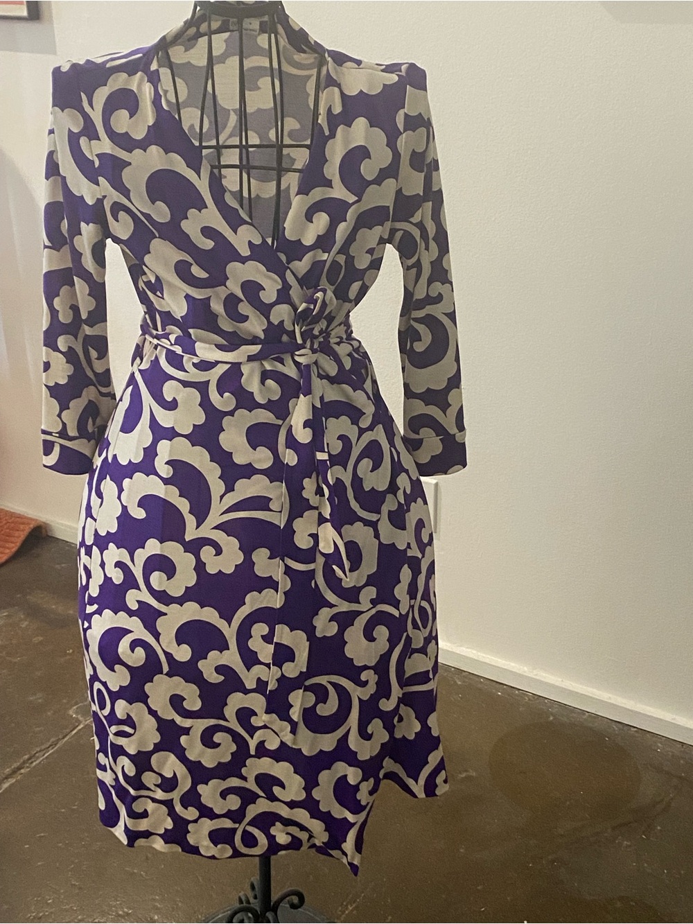 Diane Von Furstenberg Purple and Cream Wrap Dress with Scroll Print